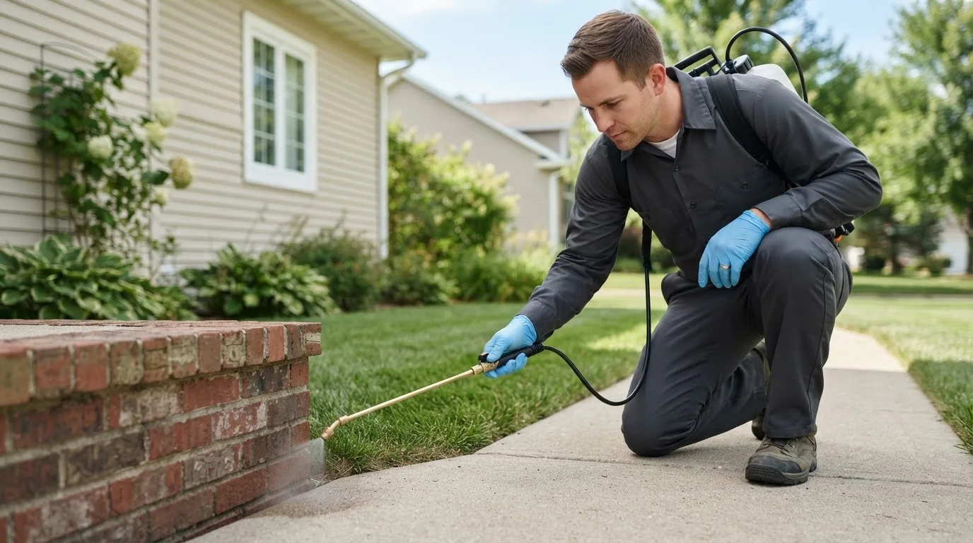 Pest control technician treating a home near Kerman, CA